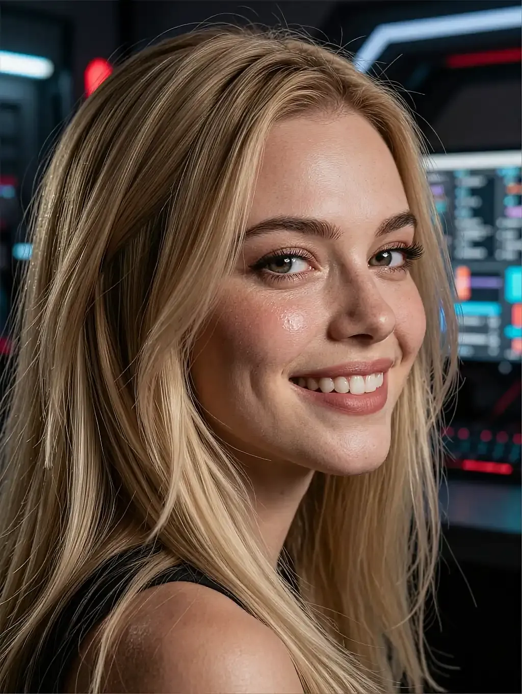 Smiling blonde fictional AI character in a gaming room, monitors glowing behind her