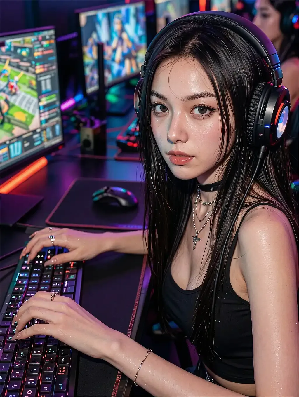 Fictional AI character at her desk late at night, headphones round her neck, face lit by the screen