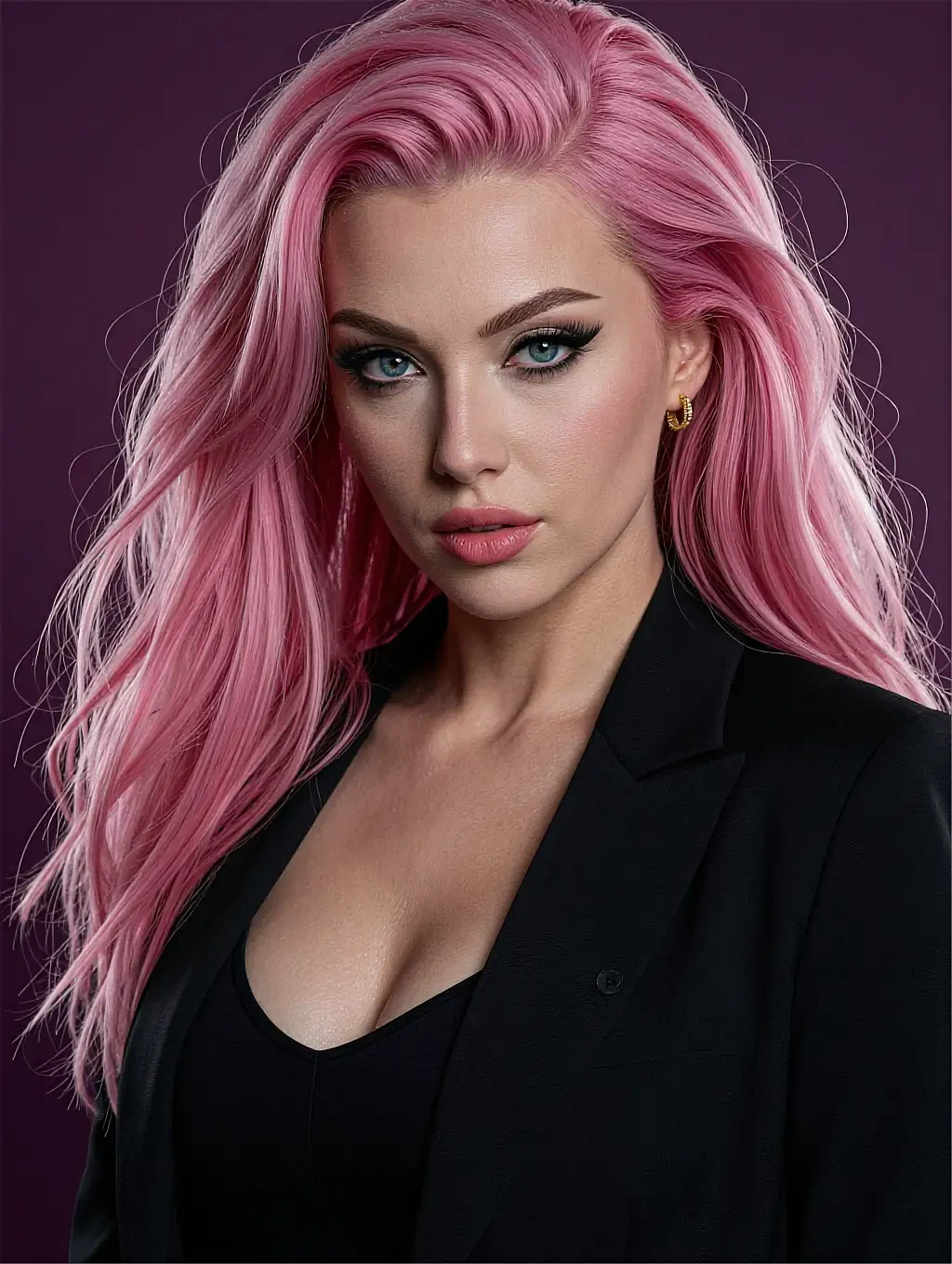 Pink-haired fictional AI character in a black blazer under a single studio light