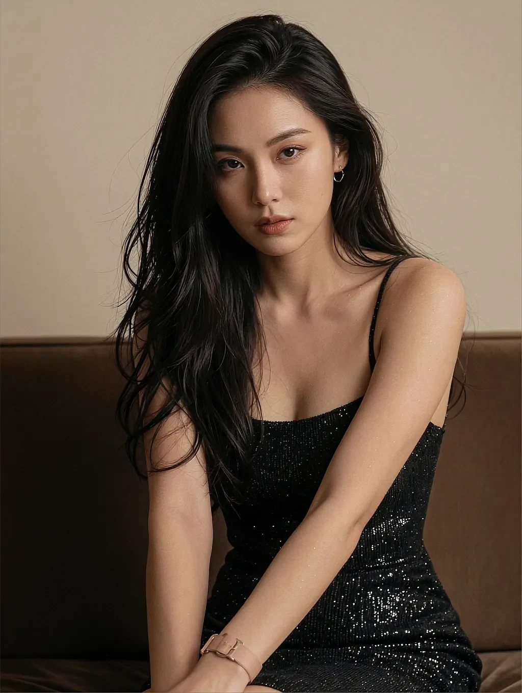 Fictional AI character in a black mini dress sitting on a bed in a dark room